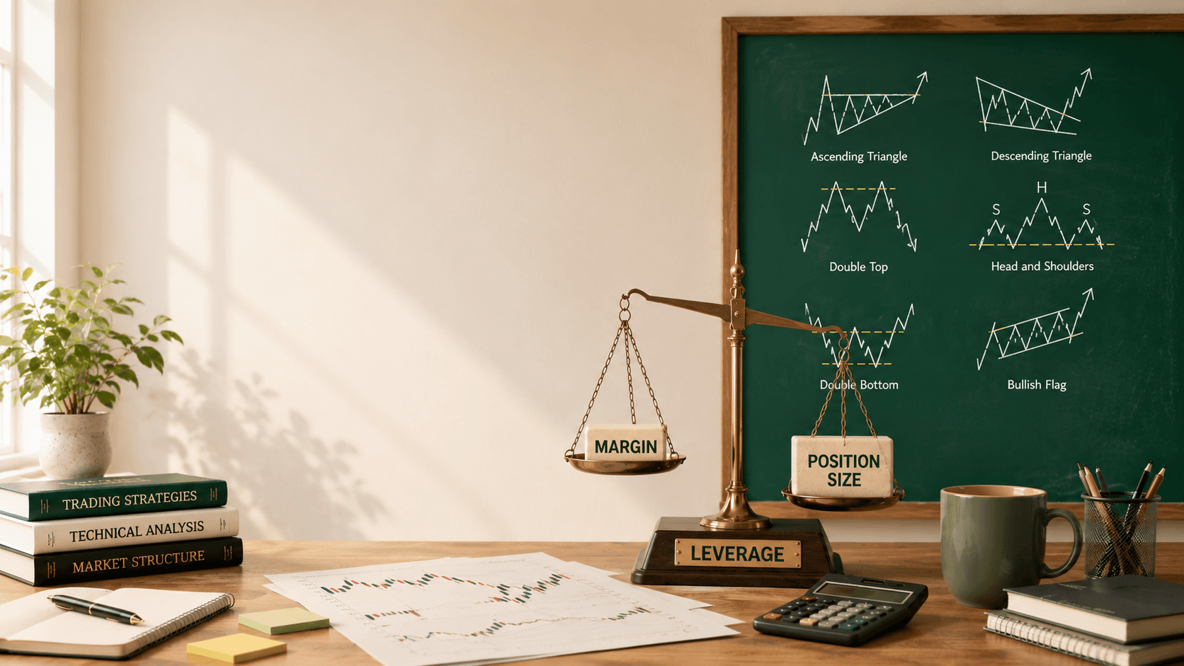 A trader's desk with chart patterns on a chalkboard, a balance scale weighing margin against position size, and trading books