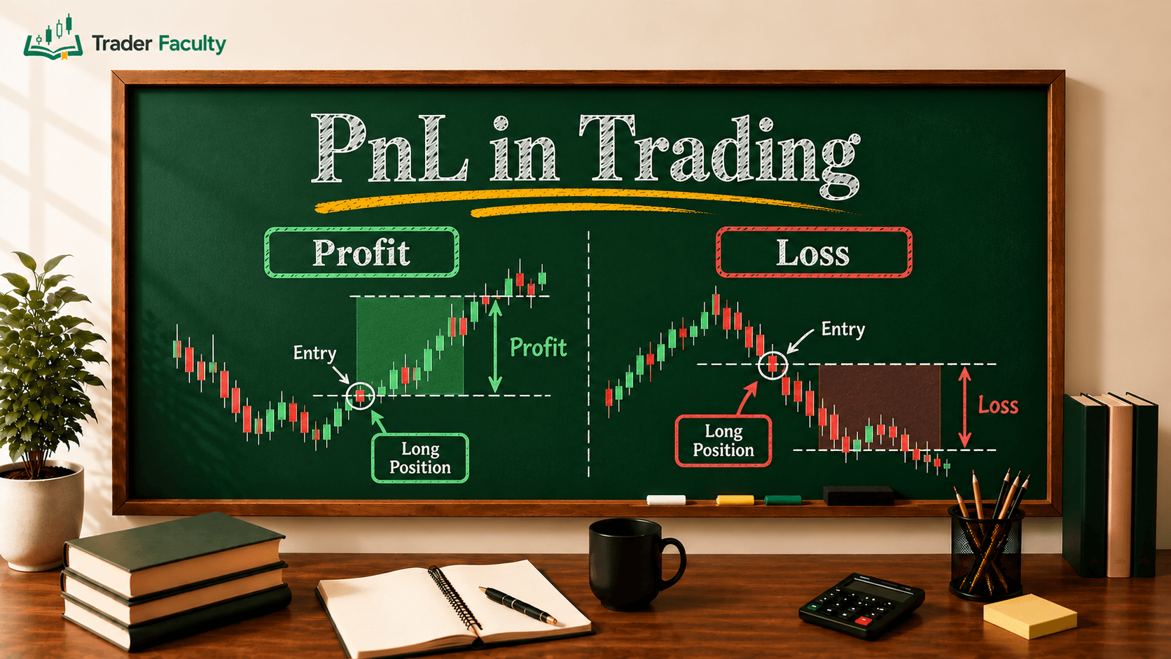 Chalkboard titled 'PnL in Trading' comparing a profit chart on the left with a loss chart on the right, each marked with entry and long position labels.