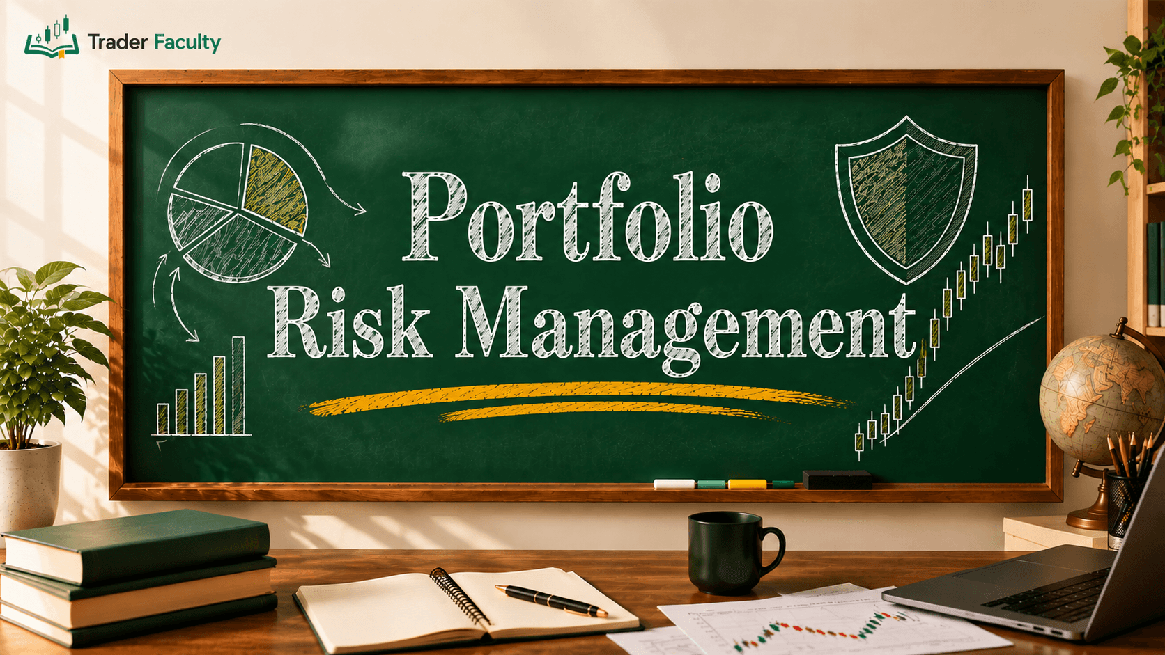 Chalkboard titled 'Portfolio Risk Management' with a pie chart, bar chart, and shield icon on a desk with books and a laptop.
