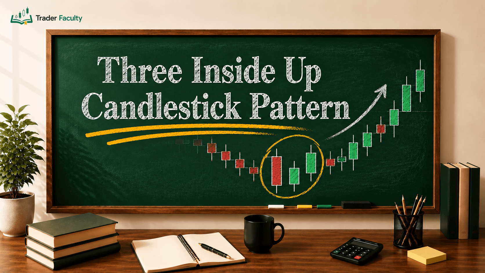 Three inside up candlestick pattern chart showing a red candle followed by two green confirming candles.